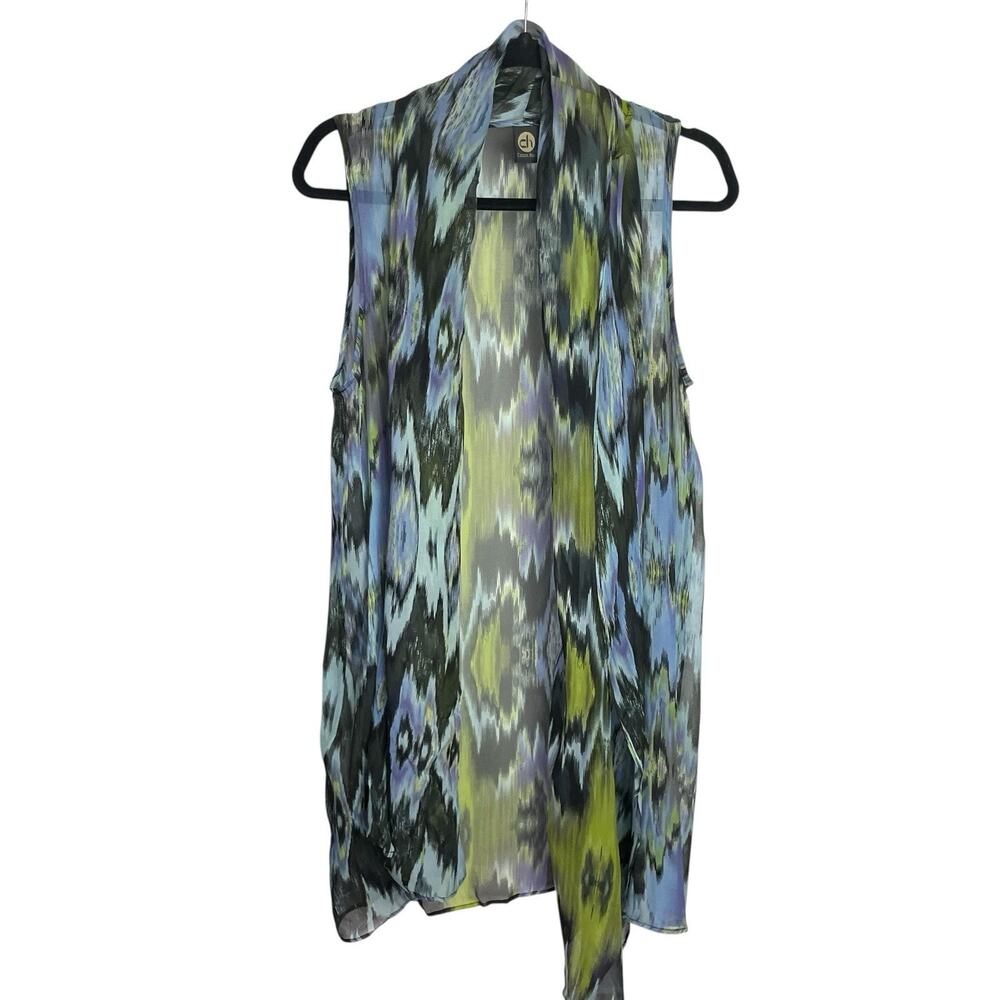 Cocoon House Womens 100% Silk Vest Duster L/XL Blue Green Ikat Sheer Art to Wear